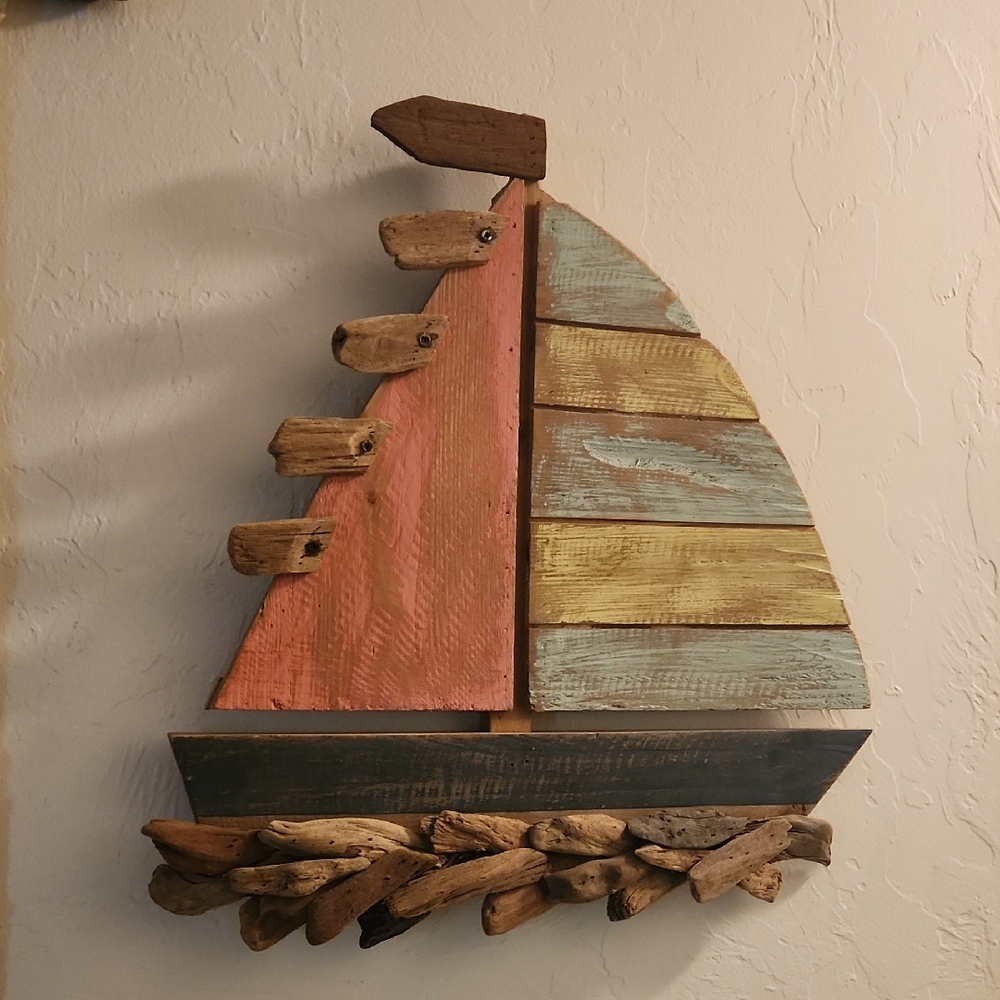 Weathered Multicolor Wooden Sailboat Wall Accent